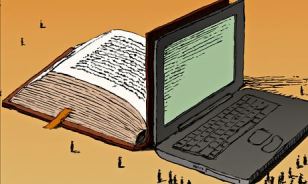 An illustration of a laptop up against a weighty book